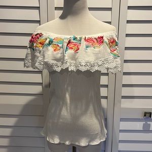 Millenium off shoulder gorgeous Boho Top, embroidered in front in EUC